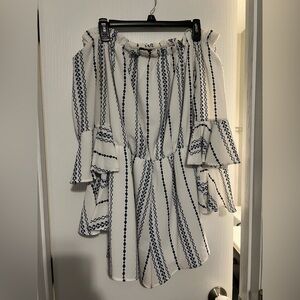 Trac Off-Shoulder Romper with Blue Patterns